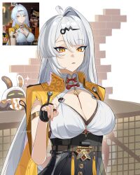 1girl absurdres armlet bangboo_(zenless_zone_zero) black_gloves breasts cleavage eous_(zenless_zone_zero) gloves hair_ornament hairclip highres jewelry large_breasts long_hair looking_at_viewer multiple_views nail_polish okutogi orange_eyes parted_lips pink_nails upper_body very_long_hair white_hair yi_xuan_(zenless_zone_zero) zenless_zone_zero