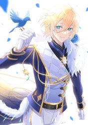 1boy animal animal_on_shoulder aono_(aono_pic) bird bird_on_hand bird_on_shoulder blonde_hair blue_eyes blue_jacket bluebird ensemble_stars! highres idol_clothes jacket jewelry long_sleeves looking_at_viewer male_focus multicolored_jacket necklace short_hair smile solo teeth tenshouin_eichi white_background white_jacket