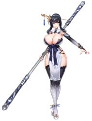 1girl action_taimanin breasts chinese_clothes curvy full_body holding holding_weapon lan_xiang_(action_taimanin) large_breasts looking_at_viewer revealing_clothes shiny_skin smile tagme taimanin_(series) weapon wide_hips yoya_tt