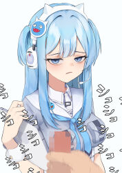 1boy 1girl absurdres bags_under_eyes blue_eyes blue_hair breasts censored dera_self glaring goddess_of_victory:_nikke headset hetero highres long_hair looking_at_viewer male_masturbation masturbation medium_breasts mosaic_censoring penis pov school_uniform serafuku shifty_(nikke) table wrist_cuffs
