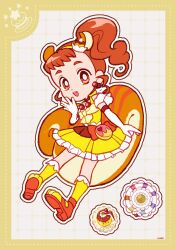 1girl animal_ears arisugawa_himari bare_shoulders bright_pupils brown_eyes brown_hair cherry_earrings choker compact_(cosmetics) cosmetics cure_custard deformed detached_sleeves dotted_line dress earrings elbow_gloves extra_ears food food-themed_earrings food-themed_hair_ornament food_themed_earrings forehead frilled_dress frilled_socks frills full_body gloves grid_background hair_ornament hairband hand_on_own_cheek hand_on_own_face high_heels high_side_ponytail highres jewelry kirakira_precure_a_la_mode kneehighs magical_girl open-toe_shoes open_mouth orange_shoes outline paw_socks pleated_dress pleated_sleeves precure pudding pumps red_choker shoes short_dress short_hair signature sleeveless sleeveless_dress smile socks solo squirrel_ears squirrel_girl squirrel_tail tail tareme teeth thick_eyebrows upper_teeth_only uwded_207 white_background white_gloves white_outline white_pupils white_sleeves yellow_dress yellow_hairband yellow_outline yellow_socks