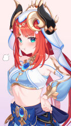 Rule 34 | 1girl, aqua eyes, blue gemstone, blue skirt, blush, breasts, brooch, dancer, ewaaawa, fake horns, gem, genshin impact, gold trim, grey background, hands on own hips, harem outfit, highres, horns, jewelry, long hair, long sleeves, looking at viewer, low twintails, medium breasts, midriff, nilou (genshin impact), pout, puff of air, puffy long sleeves, puffy sleeves, red hair, sidelocks, simple background, skirt, solo, twintails, upper body, veil, white veil