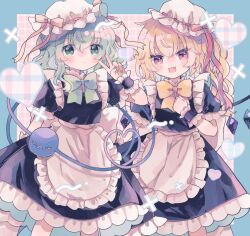 Rule 34 | 2girls, :d, alternate costume, apron, black shirt, black skirt, blonde hair, bow, bowtie, closed mouth, cowboy shot, enmaided, fang, flandre scarlet, green bow, green bowtie, green eyes, green hair, green nails, hat, hat ribbon, heart, hiyuu (hiyualice), komeiji koishi, long hair, looking at viewer, maid, mob cap, multiple girls, open mouth, pink ribbon, puffy short sleeves, puffy sleeves, red eyes, ribbon, shirt, short sleeves, skirt, smile, third eye, touhou, v, waist apron, white apron, white hat, wings, wrist cuffs, yellow bow, yellow bowtie