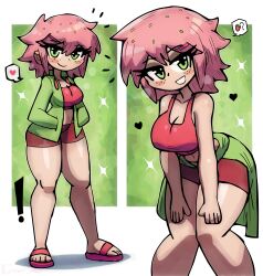 ! 1girl ? blush breasts chigo_(tony_welt) cleavage clothes_around_waist collarbone freckles green_background green_eyes green_hoodie grin hair_ornament hairclip hands_in_pockets hands_on_own_thighs heart hood hoodie jacket jacket_around_waist large_breasts leaning_forward long_sleeves looking_at_viewer midriff multiple_views navel open_clothes open_hoodie original personification pink_hair red_sandals red_shirt red_shorts sandals shirt short_hair shorts smile sparkle speech_bubble spoken_food spoken_heart spoken_question_mark spoken_strawberry standing tank_top teeth thick_thighs thighs tony_welt wide_hips