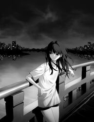 Rule 34 | 1girl, absurdres, against railing, bike shorts, building, city, closed mouth, cloud, flat chest, greyscale, hands up, highres, light blush, long hair, monochrome, night, night sky, original, railing, road, shirt, short shorts, short sleeves, shorts, sky, solo, standing, star (sky), t-shirt, tyrezal, water, white shirt