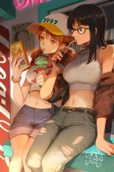 1997 2girls bare_shoulders baseball_cap belt black_hair blue_eyes blue_shorts bracelet breasts commentary_request crop_top cup drinking_straw glasses hair_ornament hairclip hat highres holding holding_cup holding_food holding_ice_cream holding_phone ice_cream ice_cream_cone jewelry low_twintails medium_breasts medium_hair midriff monkey_d._luffy multiple_girls nami_(one_piece) navel necklace nico_robin oekakiboya one_piece orange_eyes orange_hair pants phone poster_(object) semi-rimless_eyewear shirt shorts sidelocks sitting sleeveless sleeveless_shirt tongue tongue_out torn_clothes torn_pants twintails under-rim_eyewear wanted_poster