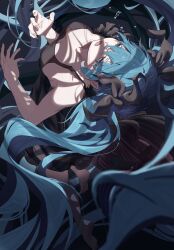 1girl aqua_hair barefoot black_dress black_ribbon blue_eyes blurry breasts bunbo commentary_request depth_of_field dress fingernails hair_ribbon hatsune_miku highres long_hair lower_teeth_only open_mouth partial_commentary ribbon shinkai_shoujo_(vocaloid) solo tears teeth tongue twintails very_long_hair vocaloid