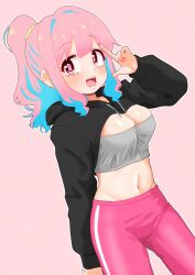 1girl :d alternate_costume black_shrug blue_hair breasts casual commentary cowboy_shot drawstring happyundergate highres hood hood_down hooded_shrug hozuki_kaede index_finger_raised large_breasts long_hair long_sleeves looking_at_viewer midriff nail_polish navel onii-chan_wa_oshimai! open_mouth pants pink_background pink_hair pink_nails pink_pants ponytail red_eyes shrug_(clothing) sidelocks simple_background smile solo teeth upper_teeth_only