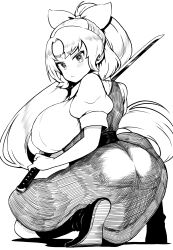 Rule 34 | 1girl, absurdres, ass, boots, bow, closed mouth, commentary request, dress, dullahan, greyscale, hair bow, highres, himajin noizu, long hair, looking at viewer, monochrome, parted bangs, ponytail, short sleeves, simple background, single-shoulder dress, solo, squatting, sword, touhou, watatsuki no yorihime, weapon