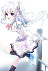 Rule 34 | 1girl, 9-nine-, :d, ahoge, arms behind back, belt, black socks, blue shoes, blush, bow, bowtie, braid, breasts, commentary, cross-laced shoes, dress, floating hair, foot out of frame, frilled dress, frills, from side, green ribbon, grey belt, grey hair, hair between eyes, hair ribbon, happy, highres, impossible clothes, kneehighs, large breasts, long hair, looking at viewer, miraikanai, niimi sora, open mouth, pink bow, pink bowtie, purple eyes, ribbon, school uniform, shoes, short dress, sidelocks, signature, simple background, single braid, sleeves past wrists, smile, sneakers, socks, solo, standing, standing on one leg, white background, white dress