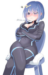 1girl arms_under_breasts artist_name black_bodysuit blue_hair blush bodysuit breasts cleavage crossed_arms crossed_legs duel_monster evil_twin_lil-la iruka_no_kasa_(dolphin_diary) large_breasts lil-la_(yu-gi-oh!) purple_eyes short_hair simple_background sitting solo squiggle twitter_username white_background yu-gi-oh!