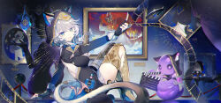 1girl absurdres animal_hood black_gloves boots cat_girl cat_hood cipher_(honkai:_star_rail) ears_through_hood fingerless_gloves gloves gold_boots grey_hair highres honkai:_star_rail honkai_(series) hood hooded_leotard index_finger_raised looking_at_viewer open_mouth qianqianjie short_hair sitting smile solo spirithief_bartholos_(honkai:_star_rail) yellow_nails