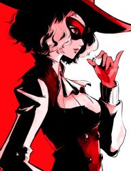 Rule 34 | 1girl, absurdres, ascot, breasts, buttons, eye mask, fluffy hair, from side, glint, gloves, hand up, hat, highres, holding, junoracle, lips, long sleeves, medium hair, noir (persona 5), okumura haru, parted lips, persona, persona 5, pinky out, puffy long sleeves, puffy sleeves, red eyes, red gloves, red lips, red theme, solo, upper body