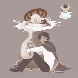 Rule 34 | 1boy, 1girl, alternate costume, arm rest, arms on table, black cape, black hair, black nails, black pants, black shoes, brown background, brown capelet, brown dress, brown hat, cape, capelet, cappuccino, closed eyes, closed mouth, coffee beans, cookie run, cookie run: kingdom, crescent, curly hair, curtained hair, dark-skinned female, dark-skinned male, dark skin, dress, elbow gloves, espresso cookie, facing ahead, facing viewer, full body, glasses, gloves, hair behind ear, hair between eyes, hair over one eye, hat, head on table, holding another&#039;s hair, humanization, kneeling, knees up, korean commentary, latte art, latte cookie, liquid, long dress, long hair, long sleeves, pants, pince-nez, profile, round eyewear, shirt, shoes, short hair, sitting, slothm22, smile, very long hair, white gloves, white hair, white shirt, witch hat