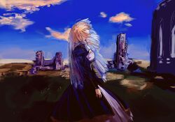 1girl ahoge arms_at_sides artoria_pendragon_(fate) ashashio blonde_hair blue_dress blue_sky breasts chinese_commentary closed_eyes closed_mouth cloud commentary_request day dress fate/stay_night fate_(series) feet_out_of_frame floating_hair head_back highres juliet_sleeves long_sleeves outdoors profile puffy_sleeves ruins saber_(fate) see-through_clothes see-through_veil short_hair sky small_breasts solo standing veil
