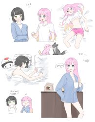 2girls :d =_= absurdres animal animalization anyoji_hime anyoji_hime_(summer_loungewear) averting_eyes basil_(wgh0anzdple3asf) black_hair blonde_hair blue_cardigan blue_eyes blunt_bangs blunt_ends blush borrowed_clothes breasts cardigan cleavage clenched_hands clothes_lift coffee_mug collarbone commentary_request cup dog dolphin_shorts flying_sweatdrops fox gradient_hair green_eyes hand_on_own_arm head_on_pillow highres holding holding_cup jitome korean_commentary korean_text link!_like!_love_live! long_hair long_sleeves loungewear love_live! lying medium_breasts momose_ginko momose_ginko_(summer_loungewear) mug multicolored_hair multiple_girls multiple_views naked_cardigan navel nose_blush nude official_alternate_costume official_alternate_hairstyle on_back on_bed on_side open_mouth pillow pink_hair pink_shorts shirt shirt_lift short_hair short_shorts short_sleeves shorts sidelocks sideways_glance sleeves_past_wrists smile speech_bubble stomach sweat swept_bangs t-shirt translation_request underboob very_long_hair virtual_youtuber yuri