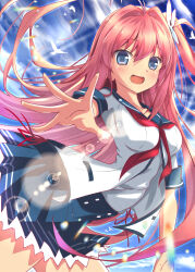 Rule 34 | 1girl, :d, absurdres, antenna hair, ao no kanata no four rhythm, bird, blue eyes, blue sailor collar, blue skirt, blue sky, blush, breasts, commentary request, cowboy shot, day, dutch angle, floating hair, hair between eyes, hair intakes, hair ornament, happy, highres, kurashina asuka, long hair, looking at viewer, medium breasts, miniskirt, neckerchief, one side up, open mouth, outdoors, outstretched arm, outstretched hand, pink hair, pleated skirt, red neckerchief, sailor collar, school uniform, serafuku, shirt, short sleeves, sidelocks, skirt, sky, smile, solo, sukonbu385, very long hair, watermark, white bird, white shirt, wind, wing hair ornament