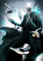 1boy absurdres deltarune gangster gyate_gyate highres hole_in_hand hollow_eyes hollow_mouth long_sleeves looking_at_viewer meganosuke shirt skeleton smile stigmata striped_clothes striped_shirt striped_sweater sweater turtleneck undertale uneven_eyes w.d._gaster