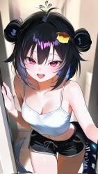 1girl antenna_hair bare_arms bare_shoulders black_hair black_shorts blurry blurry_background breasts camisole cetacean_tail chiromi cleavage colored_inner_hair commentary_request corrupted_twitter_file cowboy_shot crop_top double_bun drawstring fins fish_tail hair_bun hair_ornament hand_up highres indie_virtual_youtuber korean_commentary leaning_forward looking_at_viewer medium_breasts midriff mole mole_on_thigh multicolored_hair navel open_mouth pink_eyes second-party_source shirt short_hair short_shorts shorts sleeveless sleeveless_shirt smile solo spaghetti_strap streaked_hair tail thighs two-tone_hair uhpufu virtual_youtuber white_shirt
