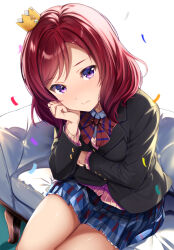1girl black_jacket blazer blue_skirt bow cardigan closed_mouth collared_shirt commentary_request confetti couch crown diagonal-striped_bow dress_shirt hand_up highres jacket long_sleeves looking_at_viewer love_live! love_live!_school_idol_project mad_(hazukiken) mini_crown nishikino_maki on_couch pillow pink_cardigan plaid_clothes plaid_skirt pleated_skirt purple_eyes red_hair school_uniform shirt simple_background sitting skirt solo white_background white_shirt
