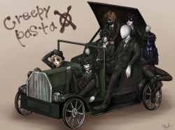 6+boys _toby bad_id bad_pixiv_id ben_drowned black_footwear black_hair black_headwear black_neckwear black_sclera blonde_hair blue_skin business_suit car colored_sclera colored_skin crazy_eyes creepypasta crossed_arms crossed_legs equala evil_smile eyeless_jack faceless faceless_male formal_clothes full_body glasses hat highres jeff_the_killer knees_up laughing_jack male_focus mask masky motor_vehicle multiple_boys necktie no_eyes pale_skin shoes simple_background sitting slender_man smile suit ticci_toby vehicle_focus