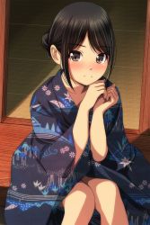 1girl absurdres black_hair black_kimono blush brown_eyes closed_mouth feet_out_of_frame floral_print hair_bun hands_up highres japanese_clothes kimono long_sleeves looking_at_viewer matsunaga_kouyou nose_blush original own_hands_together parted_bangs print_kimono sidelocks single_hair_bun sitting smile solo veranda wide_sleeves yukata