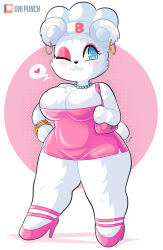 Rule 34 | 1girl, :3, @ @, artist name, bag, bear girl, bimbo (brand), breasts, chef hat, dress, eyeshadow, full body, handbag, hat, heart, high heels, highres, jewelry, large breasts, makeup, mascot, necklace, one eye closed, oni punch, osito bimbo, patreon logo, patreon username, pearl necklace, short dress, solo, spoken heart, thick thighs, thighs, tight clothes