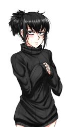 Rule 34 | 1girl, alternate costume, alternate hairstyle, bags under eyes, black hair, black lagoon, blue eyes, blue hair, blush, bottomless, female focus, frederica sawyer, hair between eyes, highres, long sleeves, looking at viewer, matching hair/eyes, naked sweater, ponytail, short hair, simple background, sleeves past wrists, solo, standing, striped clothes, striped sweater, sweater, turtleneck, twrlare, vertical stripes, white background