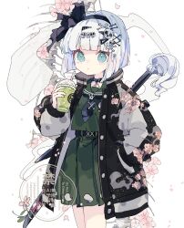 1girl black_choker black_coat black_hairband black_neckerchief blunt_bangs bone_hair_ornament buttons cherry_blossoms choker closed_mouth coat commentary_request cowboy_shot cup disposable_cup drinking_straw falling_petals green_eyes green_sailor_collar green_serafuku green_shirt green_skirt grey_hair hair_ornament hairband hand_in_pocket hand_up highres holding holding_cup konpaku_youmu konpaku_youmu_(ghost) long_sleeves neckerchief nikorashi-ka open_clothes open_coat petals pleated_skirt sailor_collar school_uniform serafuku sheath sheathed shirt short_hair simple_background skirt skull_hair_ornament solo touhou watermark white_background