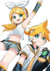 1boy 1girl :d aqua_eyes armpits black_pants black_sailor_collar black_sleeves blonde_hair closed_mouth commentary_request detached_sleeves glowing grey_shorts headset highres itoriyo kagamine_len kagamine_rin looking_at_viewer navel neckerchief necktie open_mouth pants partial_commentary ponytail sailor_collar shorts simple_background smile teeth tongue upper_teeth_only vocaloid white_background yellow_nails yellow_neckerchief yellow_necktie
