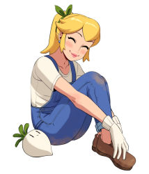 1girl awawawaart blonde_hair blush_stickers brown_footwear dirty dirty_clothes closed_eyes mario_(series) md5_mismatch nintendo overalls pink_lips ponytail princess_peach resolution_mismatch shirt sidelocks smile source_larger turnip white_shirt