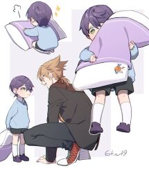 2boys 6tnut9 :d aged_down arm_support artist_name black_jacket black_pants black_shorts blue_shirt blush brown_hair child closed_mouth collared_shirt facing_away from_behind fushimi_gaku fushimi_gaku_(1st_costume) green_eyes hair_between_eyes holding holding_pillow jacket kenmochi_touya kneehighs long_sleeves looking_at_another low_ponytail male_focus medium_hair mole mole_under_eye multiple_boys multiple_views nijisanji open_mouth pants pillow ponytail purple_hair purple_shoes red_shoes seiza shirt shoes short_hair short_shorts shorts sitting smile smock sneakers socks sparkle squatting teeth upper_teeth_only virtual_youtuber white_background white_shirt white_shoes white_socks yagasuri