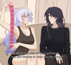 acheron_(honkai:_star_rail) black_shorts black_swan_(honkai:_star_rail) black_tank_top breasts charathegay cleavage condom condom_packet_strip condom_wrapper hair_over_one_eye highres honkai:_star_rail honkai_(series) implied_futanari large_breasts long_hair meme multiple_girls purple_eyes purple_hair shorts tank_top very_long_hair yellow_eyes yuri