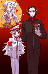 3boys astarion baldur&#039;s_gate baldur&#039;s_gate_3 black_hair black_nails black_pants book cazador_szarr crossdressing dungeons_&amp;_dragons dungeons_&amp;_dragons english_text gev gradient_background height_difference highres holding holding_book long_hair multiple_boys pale_skin pants red_background red_eyes school_uniform skirt tongue tongue_out trap vampire vellioth white_hair white_pants