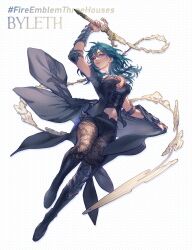 Rule 34 | 1girl, armor, black armor, blue eyes, blue hair, bodice, breasts, bustier, cape, clothing cutout, dagger, faithom, female byleth (fire emblem), fire emblem, fire emblem: three houses, hair between eyes, highres, holding, knife, large breasts, long hair, looking at viewer, medium hair, navel, navel cutout, nintendo, pantyhose, pantyhose under shorts, patterned legwear, print pantyhose, shorts, simple background, solo, sword of the creator, vambraces, weapon