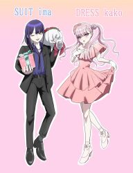 1boy 1girl alternate_costume box brother_and_sister dress english_text eyelashes formal_clothes full_body gift highres holding holding_box holding_gift long_hair looking_at_viewer matching_hair/eyes one_eye_closed pink_background pink_dress pink_eyes pink_hair purple_hair siblings suit the_hundred_line_-last_defense_academy- tsukumo_ima tsukumo_kako twins twintails wink