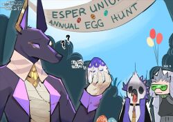 ... 3boys ? ?? agileentry animal_ears artist_name badrun_(khonshu)_(dislyte) beak bird_boy bluesky_username commentary dislyte drew_(anubis)_(dislyte) easter_egg egg english_commentary furry furry_male holding holding_egg jackal_boy jackal_ears looking_at_another male_focus multiple_boys ollie_(osiris)_(dislyte) suggestive_fluid twitter_username