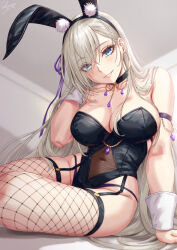 1girl animal_ears aqua_eyes arm_strap bare_shoulders black_choker black_hairband black_leotard blush breasts choker cleavage covered_navel eyes_visible_through_hair fake_animal_ears fishnet_thighhighs fishnets grey_hair hair_ornament hairband hand_in_own_hair highleg highleg_leotard highres large_breasts leotard long_hair looking_at_viewer original parted_lips playboy_bunny rabbit_ears sakiyamama signature sitting smile solo thighhighs thighs wrist_cuffs