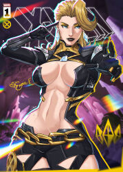 1girl black_lips blonde_hair blue_eyes breasts cleavage diamond_earrings earrings emma_frost emma_frost_(x-revolution) gloves highres jewelry jhony_caballero large_breasts looking_at_viewer marvel marvel_rivals medium_hair navel official_alternate_costume ring solo stomach thick_thighs thighs x-men