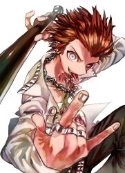 Rule 34 | 1boy, baseball bat, black pants, danganronpa: trigger happy havoc, danganronpa (series), facial hair, fang, fingernails, goatee, highres, holding, holding baseball bat, jacket, jewelry, kitaya, kuwata leon, long sleeves, looking at viewer, male focus, multiple rings, pants, piercing, ring, ringed eyes, shirt, short hair, simple background, solo, spiked hair, tongue, tongue out, tongue piercing, white background, white jacket, white shirt