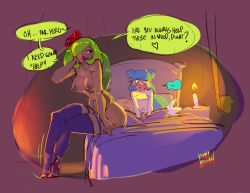 1boy 1girl age_difference bed breasts candle dark_skin english_text erection green_hair hetero high_heels kenno_arkkan lipstick makeup mature_female penis sadida shota tagme thighhighs thighs wakfu yugo_(wakfu)