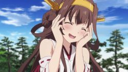 Rule 34 | 10s, 1girl, ahoge, animated, animated gif, anime screenshot, blush, brown hair, daydream, detached sleeves, female focus, hair bun, hands on own cheeks, hands on own face, headgear, japanese clothes, kantai collection, kantai collection (anime), kongou (kancolle), long hair, ribbon-trimmed sleeves, ribbon trim, single hair bun, solo