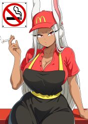 1girl :c absurdres alternate_costume animal_ears apron black_apron boku_no_hero_academia breasts cigarette cleavage collarbone collared_shirt commentary dark-skinned_female dark_skin english_commentary hair_over_shoulder hand_up hat highres holding holding_cigarette large_breasts long_eyelashes long_hair looking_at_viewer mcdonald&#039;s mirko no_smoking parted_bangs partially_unbuttoned rabbit_ears rabbit_girl red_eyes red_hat red_shirt shirt sign sitting solo theoiledone v-shaped_eyebrows very_long_hair white_hair wide_hips