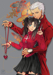 Rule 34 | 1boy, 1girl, black hair, black thighhighs, blue eyes, fate/stay night, fate (series), grey eyes, grey hair, hair ribbon, jewelry, long hair, ribbon, thighhighs, tohsaka rin, two side up, washuu, white hair, zettai ryouiki