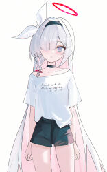 1girl absurdres alternate_costume arms_at_sides black_choker black_hairband black_shorts blue_archive bow braid choker collarbone commentary_request cowboy_shot grey_eyes hair_bow hair_over_one_eye hairband halo head_tilt high-waist_shorts highres light_blush long_hair looking_at_viewer pink_halo pink_pupils plana_(blue_archive) shirt short_shorts shorts sidelocks simple_background single_braid solo standing t-shirt usagi_(786113654) very_long_hair white_background white_bow white_hair white_shirt