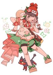 1girl ^_^ adapted_costume alternate_costume bag beanie bird black_eyes black_fur black_hair blush blush_stickers bow bracelet cat closed_eyes colored_sclera floral_print floral_print_shirt flower flower_bracelet flower_necklace flower_ornament food fruit gen_7_pokemon green_bow green_shorts green_skirt grey_eyes half-closed_eyes hand_up hands_up hat highres jewelry leaf lei lemon litten necklace nintendo nose_bubble okobo on_shoulder one_eye_closed open_mouth owl perching pikipek pineapple pink_skirt platform_sandals pokemon pokemon_(creature) pokemon_on_shoulder pokemon_sm red_fur red_hat rowlet sandals selene_(pokemon) shirt short_hair shorts shoulder_bag showgirl_skirt skirt sleeping slit_pupils smile t-shirt two-sided_fabric two-sided_skirt v woodpecker yellow_eyes yellow_sclera yukikokoro