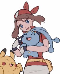 1girl :d absurdres bandana blue_eyes brown_hair commentary_request creatures_(company) fanny_pack game_freak gen_1_pokemon gen_4_pokemon gloves happy highres holding holding_pokemon legendary_pokemon looking_down manaphy may_(pokemon) mythical_pokemon nintendo open_mouth pikachu pokemon pokemon_(anime) pokemon_(creature) pokemon_ranger_and_the_temple_of_the_sea pokemon_rse_(anime) red_bandana red_shirt shirt short_sleeves simple_background skirt smile tbjj1208 white_background white_skirt yellow_bag