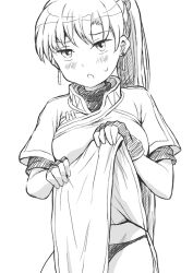 1girl black_gloves black_panties blush clothes_lift dress dress_lift fingerless_gloves fire_emblem fire_emblem:_the_blazing_blade gloves kuhuku006f86 long_hair lyn_(fire_emblem) nintendo panties ponytail simple_background sketch underwear white_background
