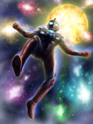 1boy absurdres alien armor blue_eyes breastplate clenched_hands color_timer colored_skin commentary compound_eyes dorsal_fin from_below full_body galaxy glowing glowing_eyes highres large_pectorals leg_up looking_up male_focus midair multicolored_skin muscular muscular_male omega_slugger outstretched_arms pectorals red_skin silver_skin solo space spread_arms star_(sky) sun tokusatsu two-tone_skin ultra_series ultraman_omega ultraman_omega_(series) universe wrinkled_skin yoshifuto