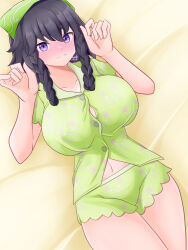 1girl black_hair blush braid breasts green_pajamas green_shorts hands_up headscarf highres lying neruth non-web_source nose_blush on_back on_bed pajamas pilika_(rune_factory) purple_eyes rune_factory rune_factory:_guardians_of_azuma shorts